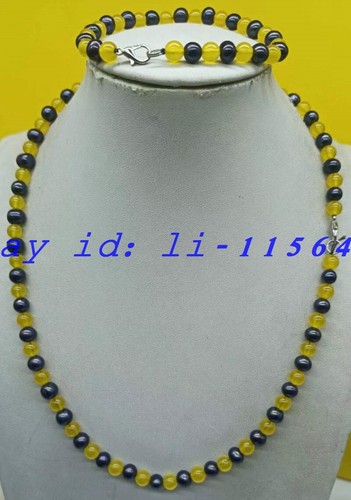 7-8mm Black Cultured Pearls & 6mm Yellow Topaz Round Necklace Bracelet 20/7.5" - Picture 6 of 6