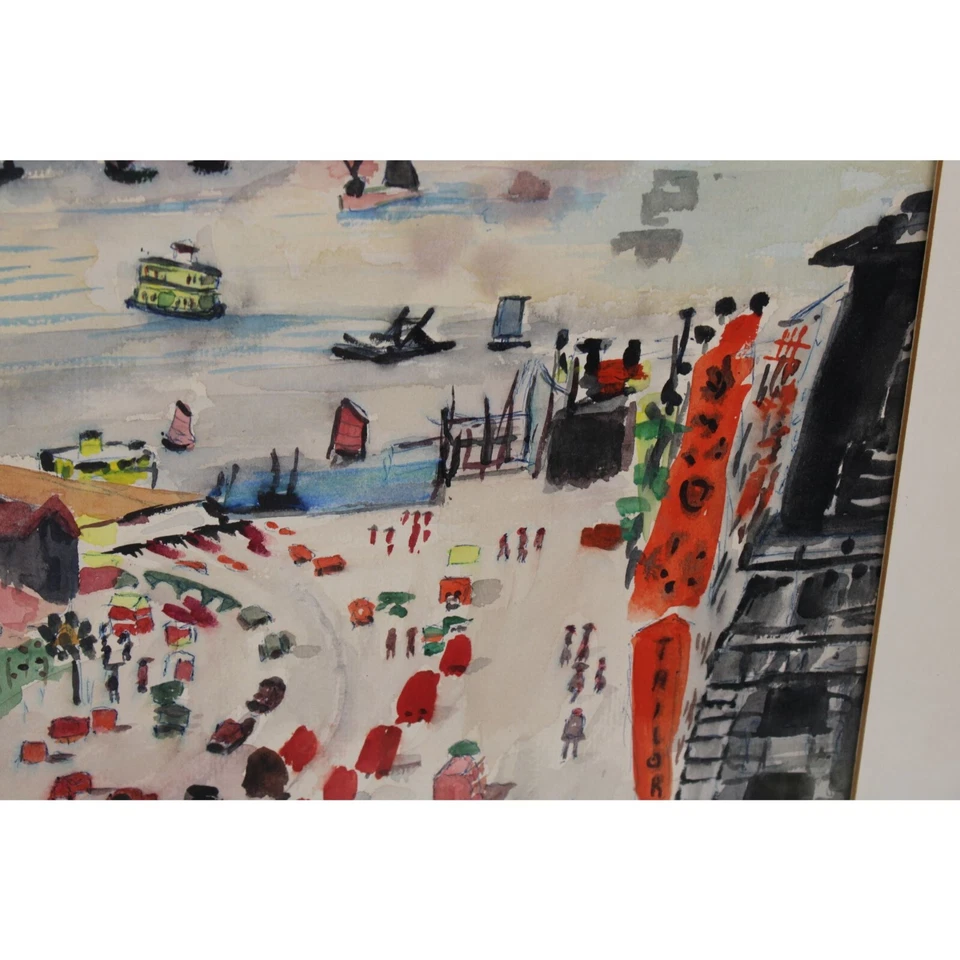 Paisaje urbano de mediados de siglo escena china costera acuarela Mabel S. Sawyer Foto 3 de 4