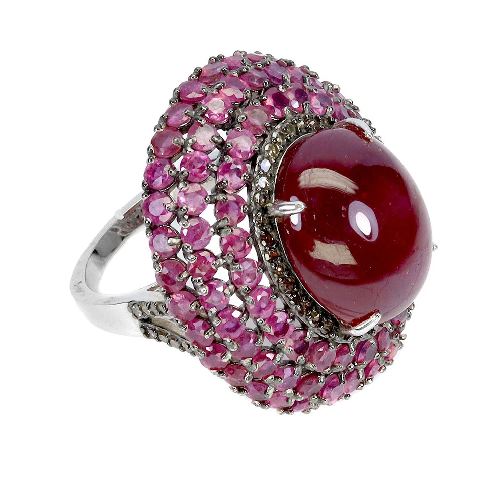 925 Sterling Silver Ring Oval Ruby 25ct Diamond Natural Gemstone Size 8 Handmade - Image 3 of 4
