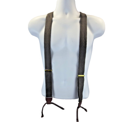 Mens Braces Suspenders Dark Gray Geometric Silk Fabric Leather Button Tips Adj