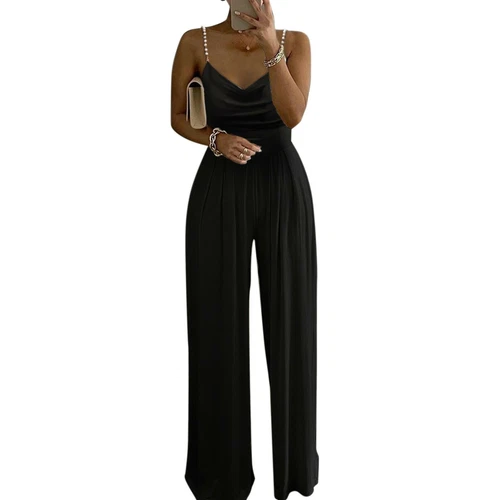 Pantaloni donna sexy perla solida imbracatura top gambe larghe tuta mazza festa mazza sottile - Foto 15 di 30