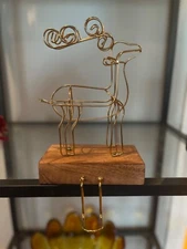 Crate & Barrel Gold Tone Wire Deer on Wood Christmas Mantle Stocking Hanger Hook