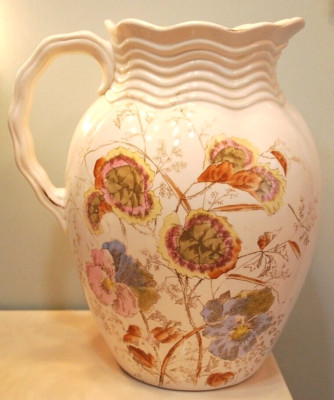 Antique 5 Quart Pitcher T. FURNIVAL & SONS Ewer Jug PANSY FLOWER Ironstone c1886