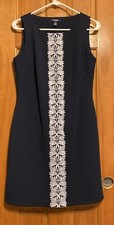 Chaps by Ralph Lauren Misses Lace Trimmed Navy Blue Jacquard Sheath Dress Sz 6
