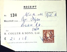 UK Receipt R Coller & Sons Capt Hyde Revenue Stamped British Cash Paid 4/16/1960