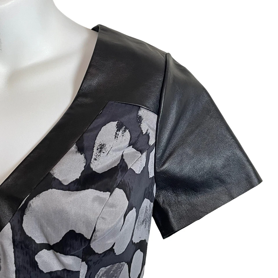 Tracy Reese Sz 2 Leather Trim Mixed Media Dress Black Gray Whimsigoth - Image 2 of 4