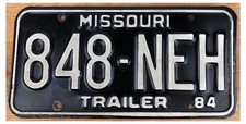 Missouri 1984 THREE YEAR TRAILER License Plate 848-NEH!