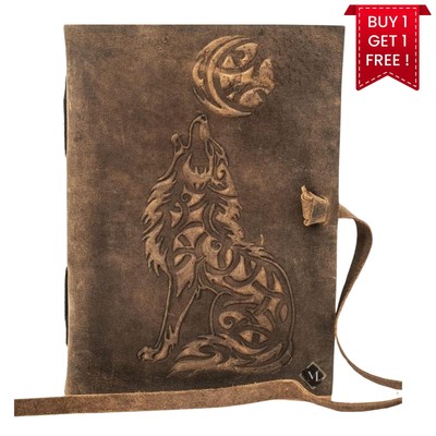Leather Journal with Embossed Wolf   Handmade 7''x 5''200 Lined Pages  Buy 1 Get 1