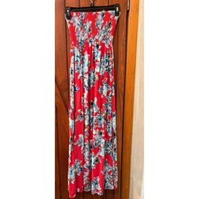 Xhilaration Womens Red Floral Strapless Smocked Maxi Dress XS Back Zip Summer
