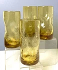 Vtg MCM Blenko Hand Blown Amber Crackle Glass Dimpled Pinched Tumblers Set 4  A