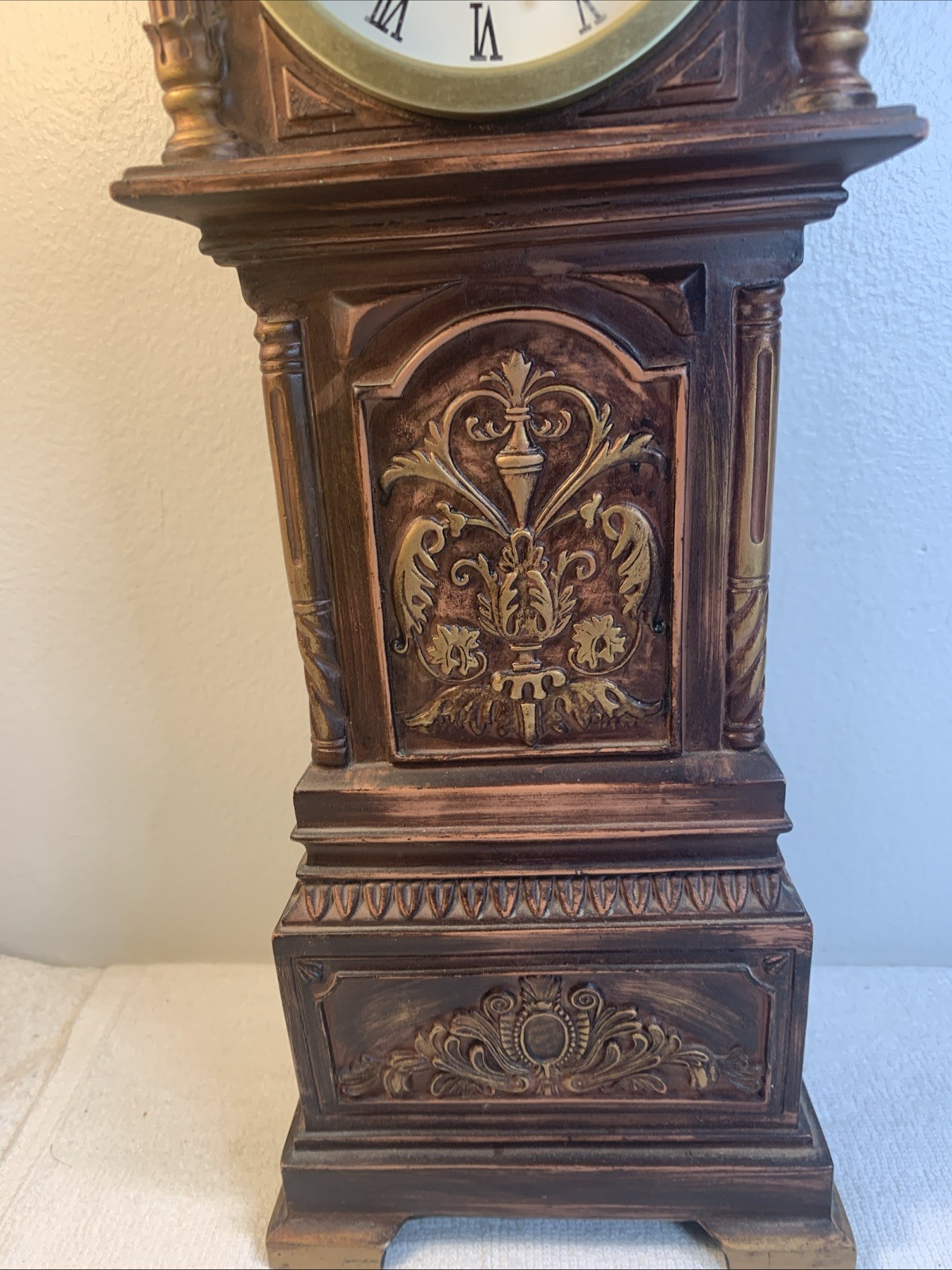 Quartz Cherry Wood Gold & Brown 1980s Grandfather Mantle or Table Clock 17.5”