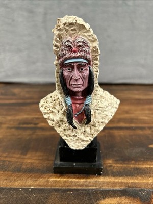 Native American With Head Dress Figurine On Wood Base 6  Tall