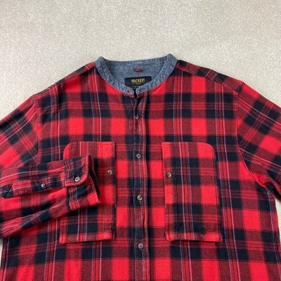 10.Deep Flannel Shirt Mens XL Red Black Plaid Mandarin Collar Button Down