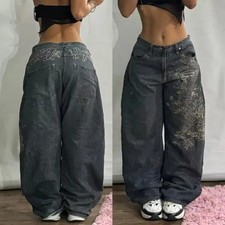 Unisex Baggy Y2K Streetwear Graphic Jeans Wide Leg Embroidered Denim Pants M X