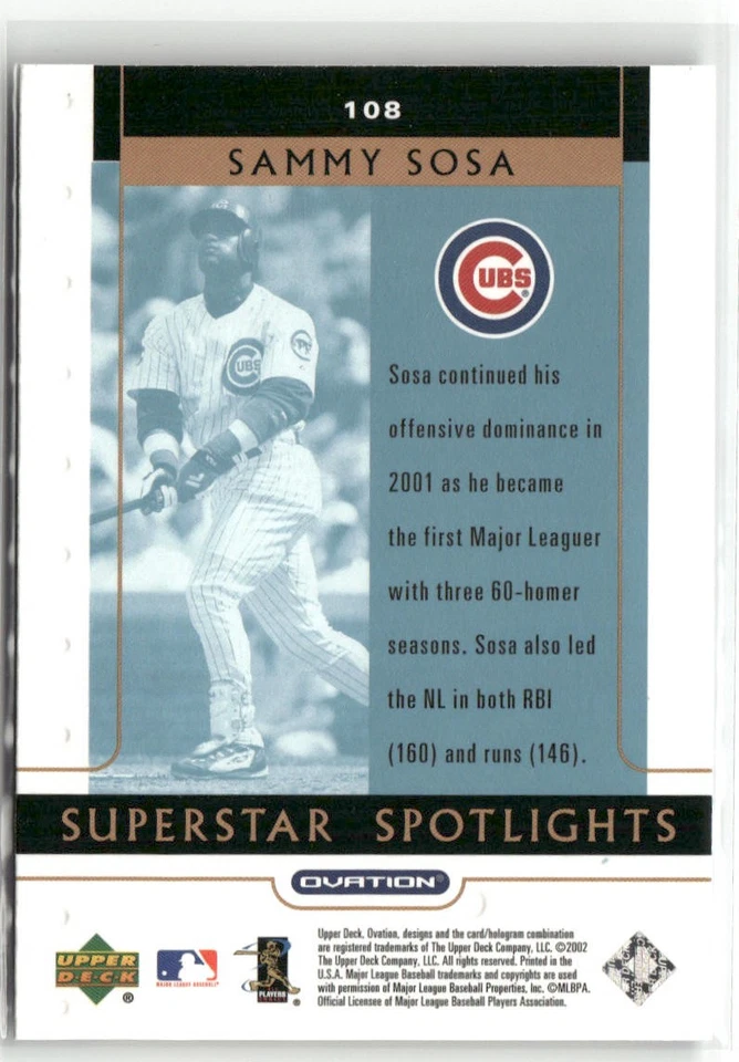 2002 UPPER DECK OVATION #108 SAMMY SOSA CHICAGO CUBS - Image 2 of 2