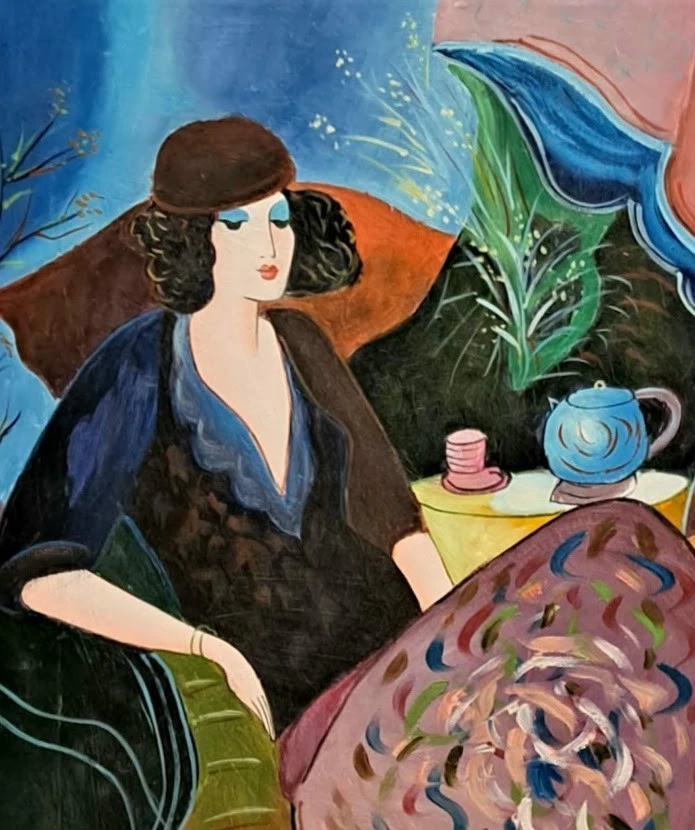 Itzchak Tarkay - Pintura al óleo original - Mujer en el vestido multicolor en el té Foto 4 de 4