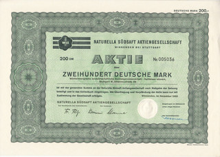 Naturella Südsaft AG Winnenden bei Stuttgart Aktie über 200 DM Nov. 1965