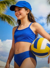 Gently Used Girls 2 Piece Deep Blue Ribbed Teen Bathing Suit Size 13-14Y