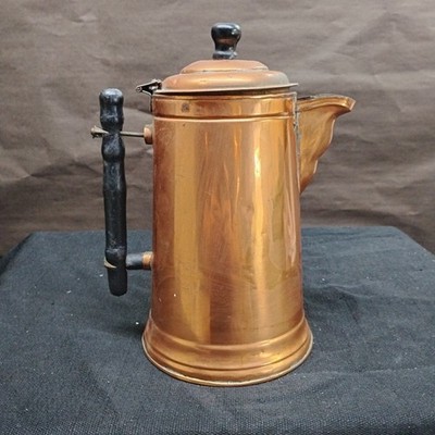Vintage 9'' Copper Coffee Pot with Wood Handle, LID DAMAGED