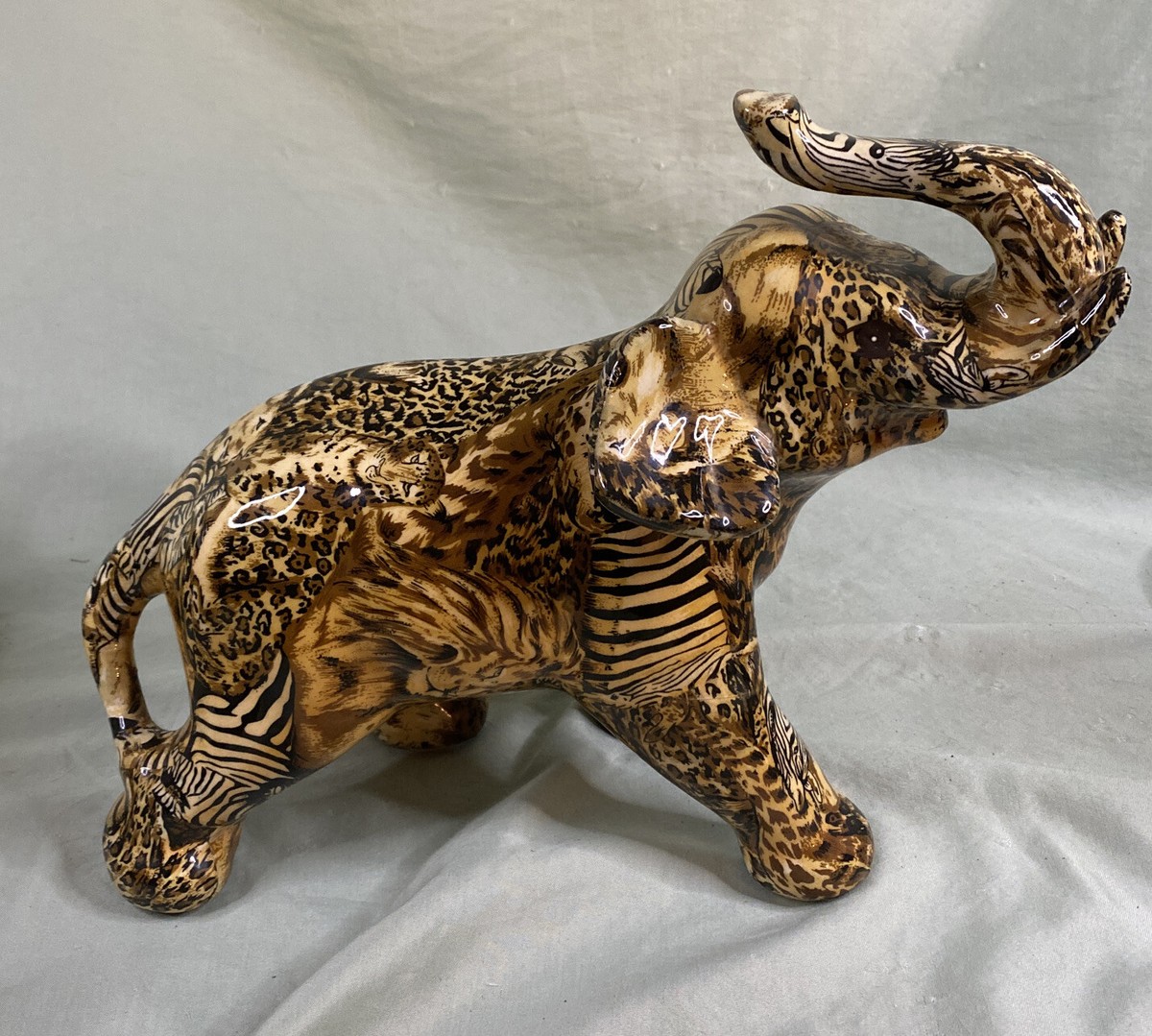 La Vie Elephant Safari Animal Print Glazed Figurine Ceramic Trunk