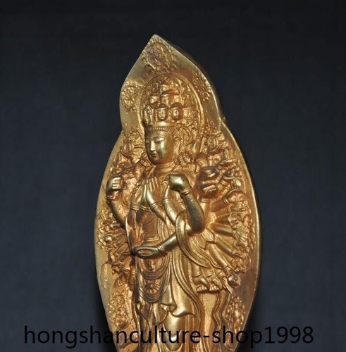 12" Antiguo templo del Tíbet bronce dorado 1000 manos Bodhisattva Kwan-Yin Buda estatua - Imagen 6 de 10