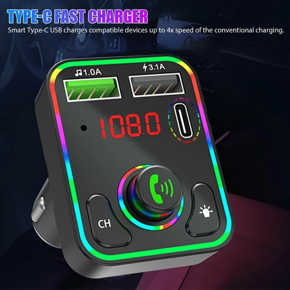 Car USB FM Transmitter Bluetooth Radio MP3 Player Music RGB Light Charger Kit UK
