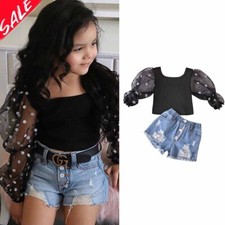 Toddler Kids Baby Girls Ruffle Lace Tops Denim Pants Outfits Summer Clothes Set
