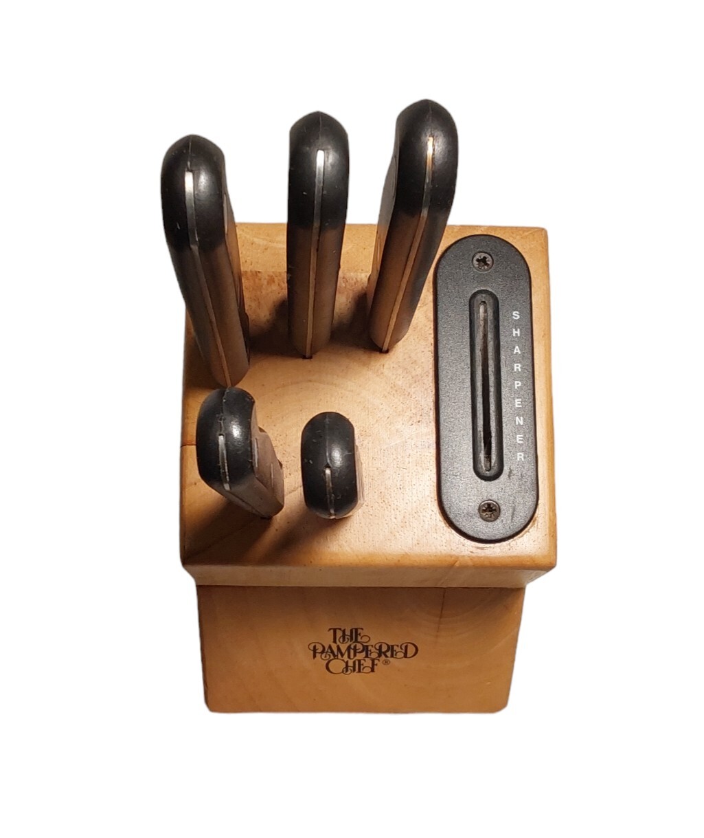 Pampered Chef Knife Block 5 Slot Wood With Builtin Sharpener Full