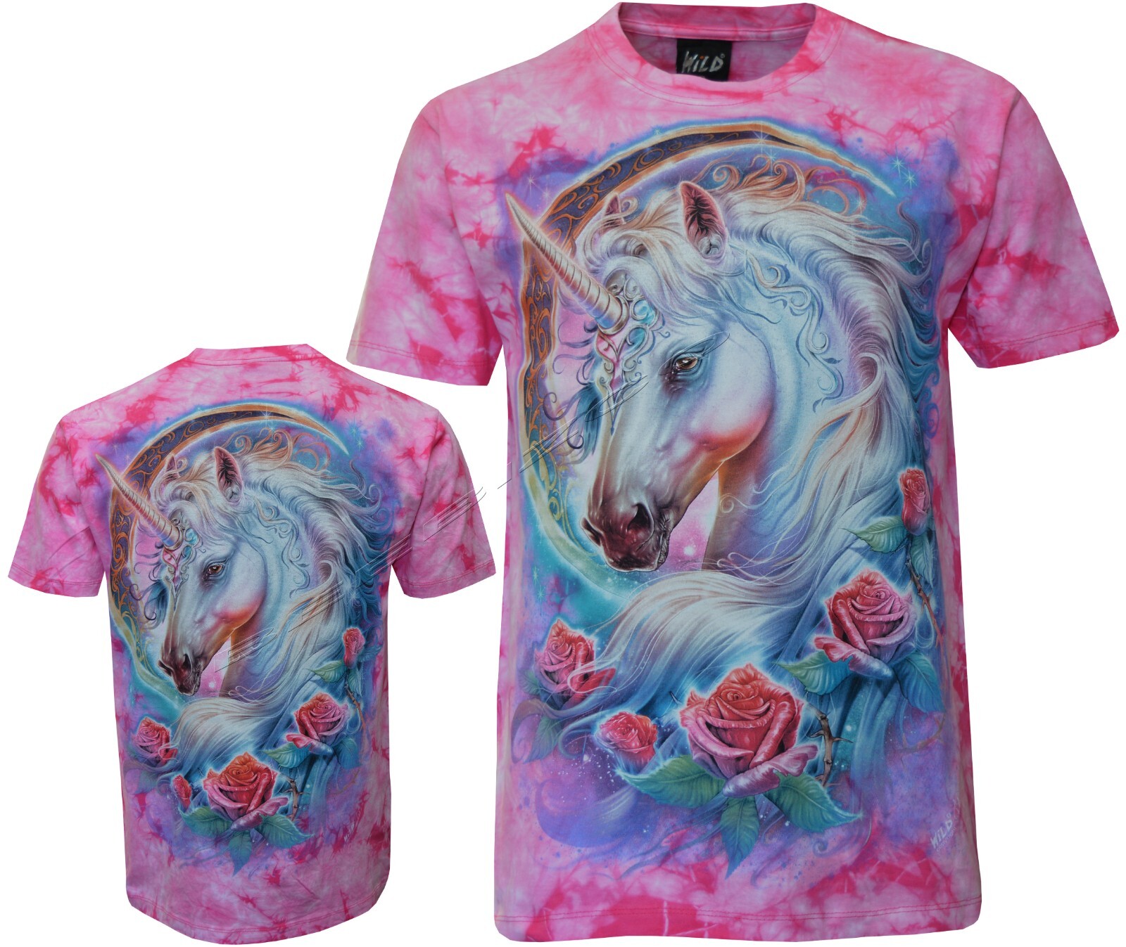 Camiseta Tie Dye Unicornio Aura Mágica Criatura Mítica Rosas Brilla en la Oscuridad por Wild