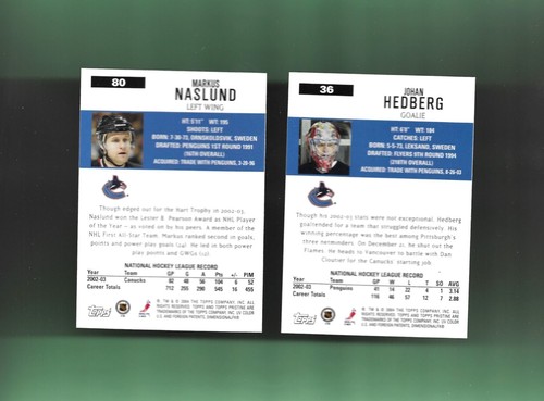 BOTH! CANUCKS! 2003-04 Topps PRISTINE MARKUS NASLUND/JOHAN HEDBERG EXCEPTIONAL! - Picture 2 of 2