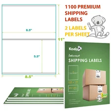 KOALA 1100 Shipping Labels 8.5 x 5.5 Half Sheets Blank Self Adhesive 2 Per Sheet