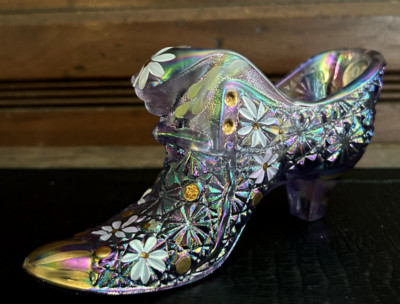 Fenton 95th Ann Cat Head Shoe Hand Painted Signed Daisy &Buttons Purple Carnival