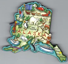 ALASKA   ARTWOOD  STATE  MAP MAGNET   DENALI   FAIRBANKS  JUNEAU  SKAGWAY