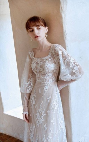 Medieval Puff Sleeve Vintage Wedding Dress Lace Square Neck Retro Romantic - Picture 3 of 14
