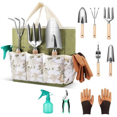 10Pcs Gardening Tools Set - Heavy Duty Hand Tools with Wooden Handle & Bag
