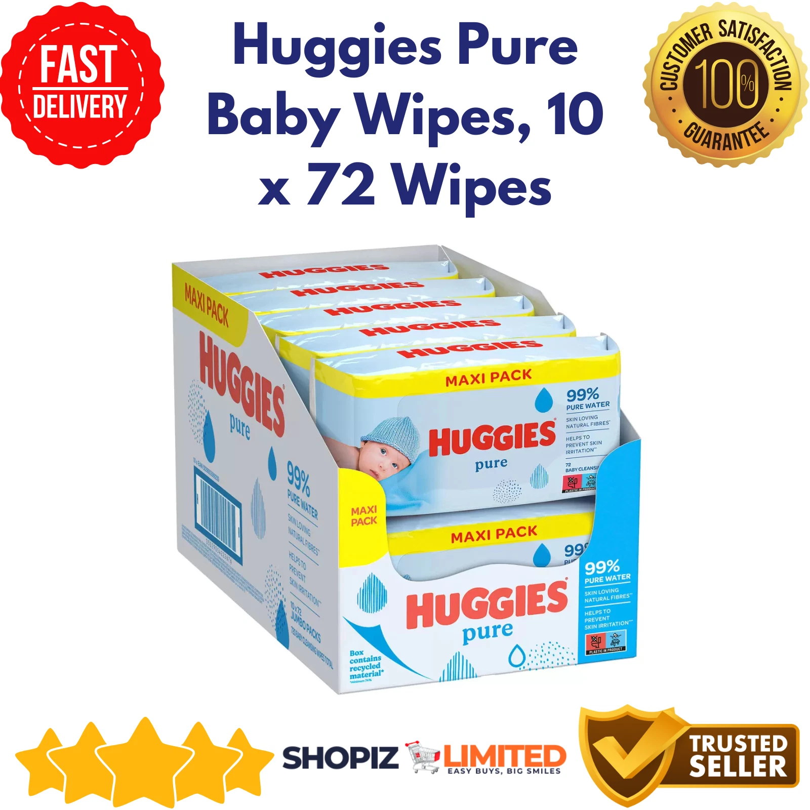 Huggies Pure Water Baby Cleaning Wipes 72 x 10 Packets Jumbo Box Total 720 Pcs