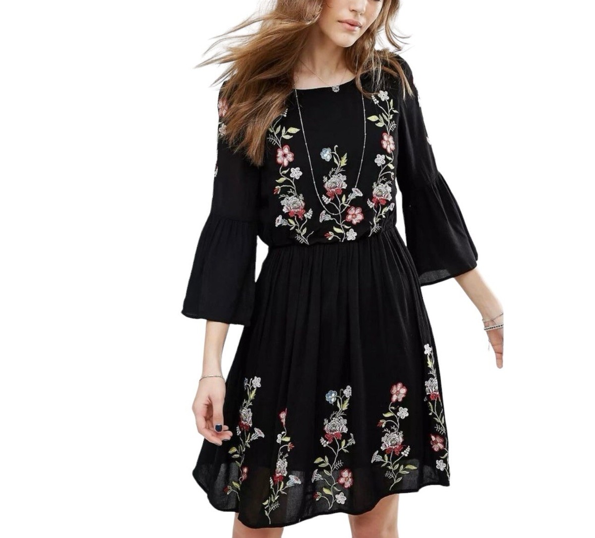 Vero Moda Floral Embroidered Flute Sleeve Dress | eBay Vero Moda Floral Embroidered Flute Sleeve Dress | eBay