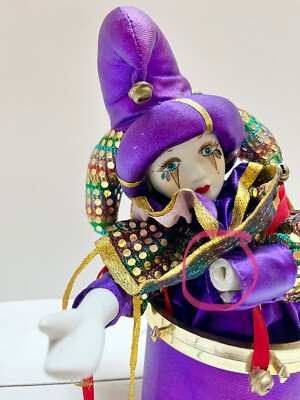 Vintage Dancing Purple Ceramic Jester Clown Musical Box Fabric