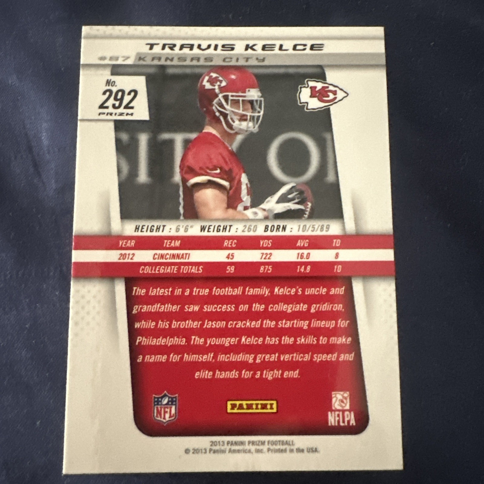 2013 Panini Prizm Future HOF Travis Kelce Blue SSP Rookie card view 2
