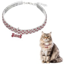 Rhinestone Cat Collar, with Bone Pendant 12-14 In, Pink/White for Pet