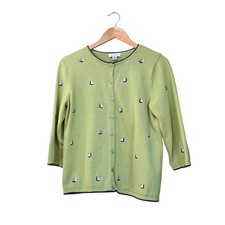 Vtg Christopher  Banks Green Sailboats 3/4 Sleeve Button M Cardigan Cottage