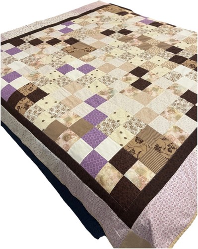 Hand Pieced & Quilted 9-Patch Lavender Brown Beige Quilt 77x77