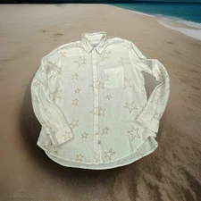 Rails Starstruck Shirt Womens Small White Linen Gold Star Long Sleeve Button-Up