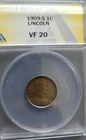 1909 S Wheat Cent.  Key Date In Very Fine (Anacs Graded VF20) Condition.