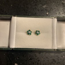 18ct Yellow Gold Emerald And Diamond Floral Cluster Stud Earrings