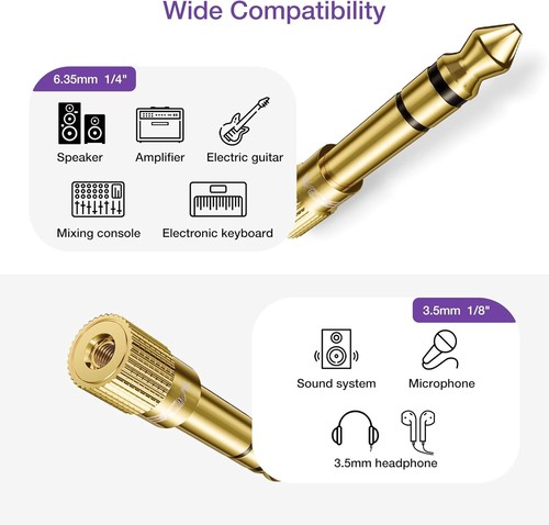 VCE 6.35mm (1/4 inch) Male to 3.5mm (1/8 Female Stereo Audio Jack Gold - Afbeelding 7 van 9