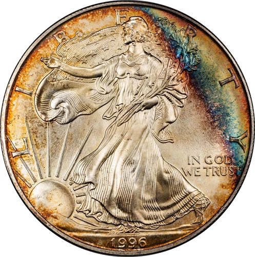 1996 PCGS MS68 American Silver Eagle, Key Date ASE Monster Rainbow Toned Obverse