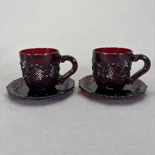 Avon Cape Cod Ruby Red Glass Flat Cup and Saucer Set of 2