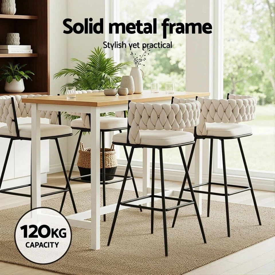 Artiss 2x Bar Stools Kitchen Dining Chair Counter Stool Woven Velvet Metal Ivory - image 4 of 4