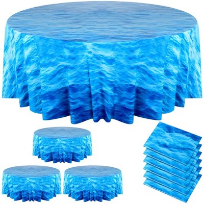 Oudain 6 Pcs Ocean Waves Blue Plastic Round Tablecloth 84 84 inches,